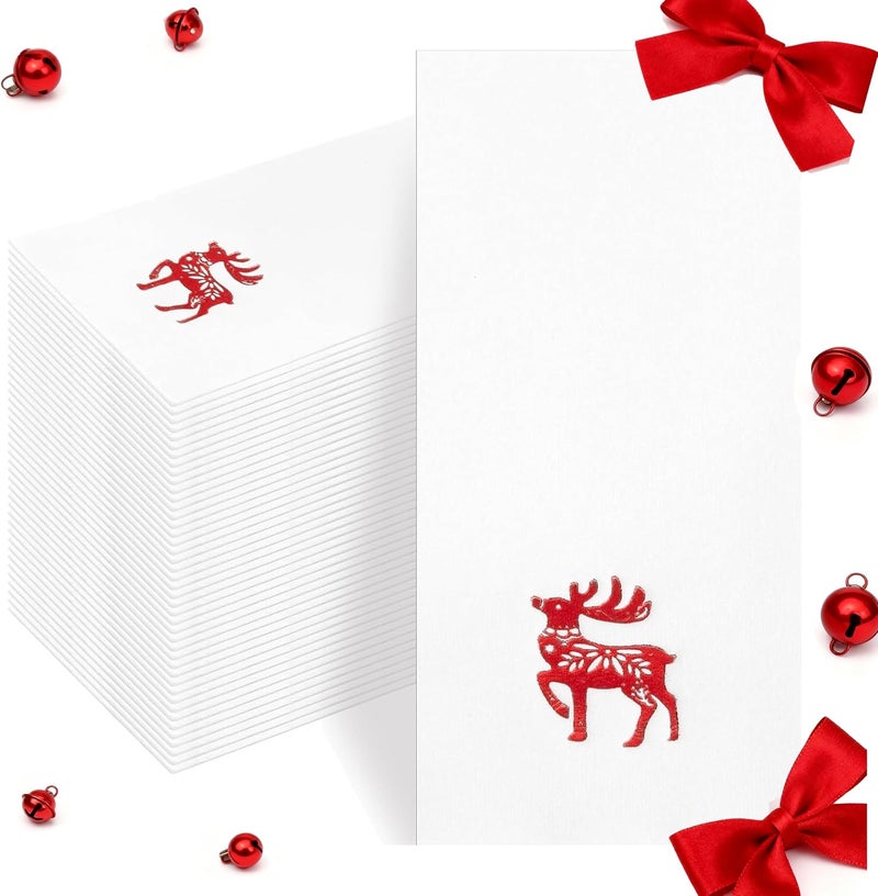 Joyido 50 Pack Christmas Deer Paper Napkins - Christmas Red Dinner Napkins - Cloth-like Disposable Hand Towels for Xmas Holiday Table Bathroom Decor Party - Image 1
